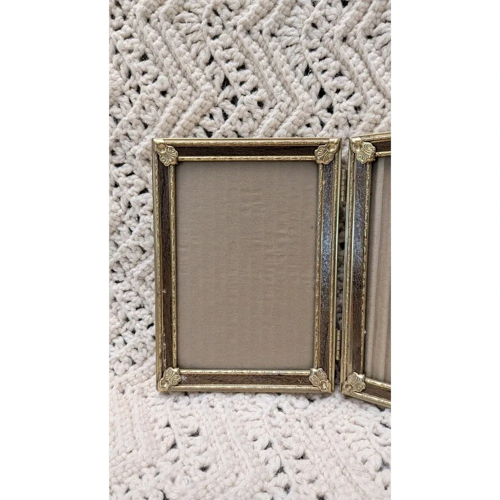 Vintage Gold Tone and Wood Grain Double Hinged 4x6 Photo Frame Folding Picture